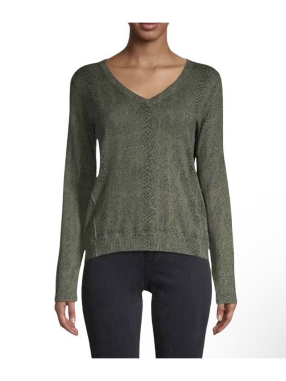 ATM Anthony Thomas Melillo Sweater Cashmere Cotton Snakeskin Green XS V-Neck